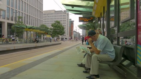 Manchester, United Kingdom (UK) - 07 25 2018: Tram stop at Saint Peters square. Manchester. England. July 2018