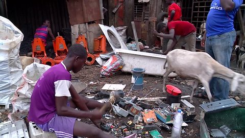 Abidjan, Cote d'Ivoire - 09 19 2016: ABIDJAN, IVORY COAST, September 2016. European electronic waste dangerously recycled in Abidjan, Africa.