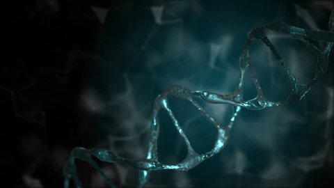3D rendered loopable animation of rotating DNA glowing molecule on dark background. Genetics concept.