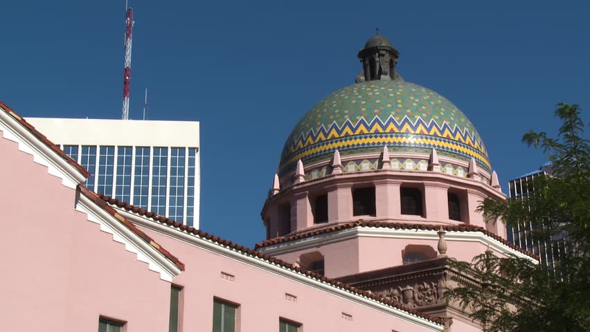 Close up, static shot of the beautiful Pima County Courthouse dome in Tuscon, Arizona on a sunny day with deep blue skies.