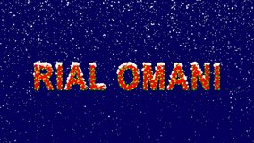 New Year text Currency name RIAL OMANI. Snow falls. Christmas mood, looped video. Alpha channel Premultiplied - Matted with deep blue RGB(04:00:5B)