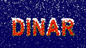 New Year text Currency name DINAR. Snow falls. Christmas mood, looped video. Alpha channel Premultiplied - Matted with deep blue RGB(04:00:5B)