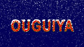New Year text Currency name OUGUIYA. Snow falls. Christmas mood, looped video. Alpha channel Premultiplied - Matted with deep blue RGB(04:00:5B)