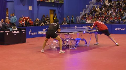Orenburg, Russia - September 28, 2017 years: boy compete in the game table tennis among the teams "TORCH- GAZPROM ", Russia and "K.S. DARTOM DJGORIA GRODZISR", Poland
