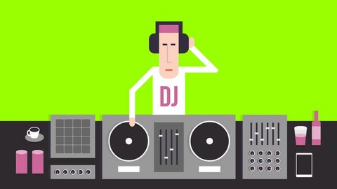 DJ with turntables, dance music, flat design, cartoon footage on a green screen