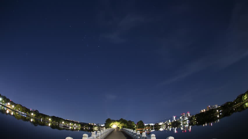Beautiful star trails over bridge in urban park at Fukuoka city
