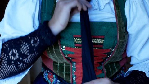 girl dresses a complex Tyrolean dress, typical of the traditional alpine areas of Tyrol