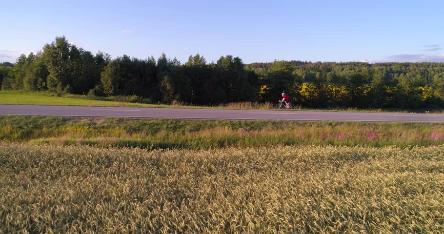 Man biking on the countryside, C4K aerial sideway view following a biker driving on a road, between wheat fields, on a sunny summer evening sunset, in Uusimaa, Finland