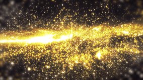 Space gold background with particles. Space golden dust with stars. Sunlight of beams and gloss of particles galaxies. Seamless loop.