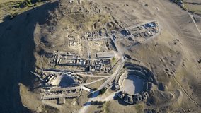 Aerial view in Roman Ruins Of Segobriga, Cuenca. Spain. 4k Drone Video.