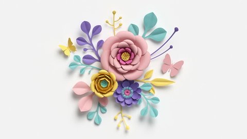 paper flowers growing, appearing, pastel color botanical background, decorative bouquet, round composition, paper craft, diy project, intro, isolated on white background