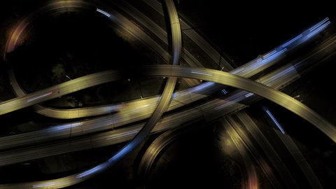 Aerial Time-Lapse Overhead Freeway Ramps Night Long Exposure
