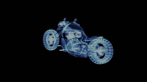 The hologram of a modern road bike. 3D animation of a two-wheeled vehicle on a black background with a seamless loop