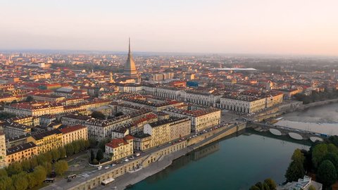Turin cityscape aerial view from top. PAnoramic view of italy city turin.