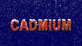 New Year text Element of periodic table CADMIUM. Snow falls. Christmas mood, looped video. Alpha channel Premultiplied - Matted with deep blue RGB(04:00:5B)