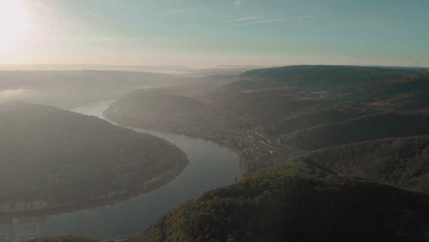 Sunrise at the Rhine village by Boppard Germany, Picturesque bend of the river Rhine near the town Boppard Filsen , Wine area middle Rhine Valley, Germany. Rhine Valley is UNESCO World Heritage Site