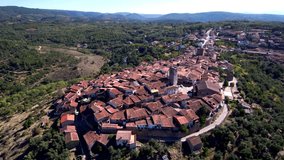 Aerial view in Miranda del Castañar. Village of Salamanca, Spain. 4k Drone Video