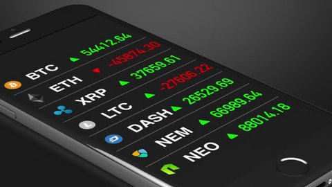 Cryptocurrencies digital money value going up and down on smartphone - black background