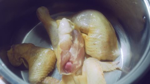 pour water into the pan with the chicken to make the broth