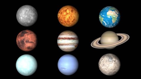 All planets of Solar System. Mercury, Venus, World, Mars, Jupiter, Saturn, Neptune, Uranus, Pluto are rotating.