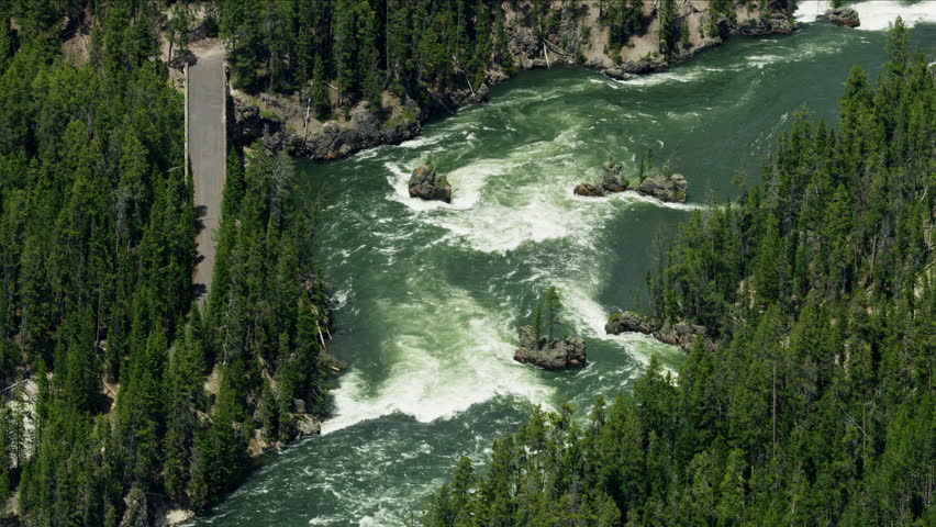Aerial overhead view of the Yellowstone river in the Grand Canyon of Yellowstone National Park near the Lower Falls Wyoming USA RED WEAPON