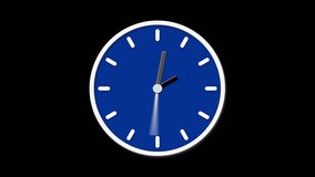 Animated clock face counting down. Digital animation of blue, clock ticking on black background 