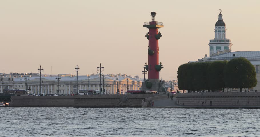 Russia, Saint Petersburg, The Central Landmarks, Rostral columns, Kunstkamera, The Old Stock exchanges, autumn, Birzhevoy bridge, Exchange Bridge, golden spire, Neva river