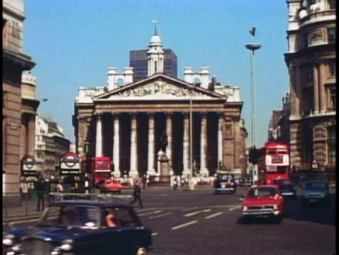 LONDON, ENGLAND, 1976, The City, financial district, classic bank facade, 1970's