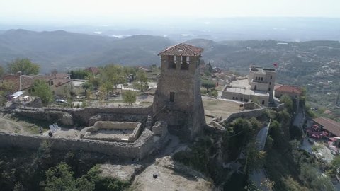 Kruje/Albania-October 14 2018: Drone aerial view on with ruins of Kruje castle in Albania,4k (not editing)