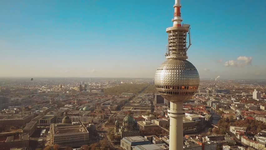 Aerial view of Berlin cityscape and Fernsehturm or Television Tower details. Germany