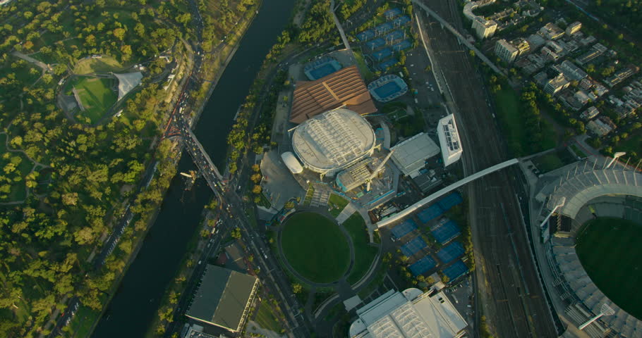 Aerial view at sunrise over Melbourne Sports and Entertainment Precinct with Australian Open venue Melbourne Park Victoria Australia
