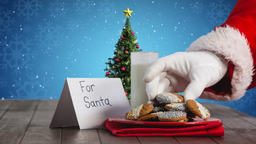 Digital composite of Santa eating cookies and milk with Christmas tree and snow - Powered by Shutterstock - Get 15% off with code: PIKWIZARD15