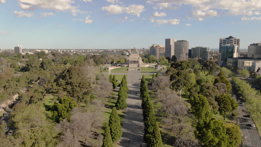 Aerial of Shrine of Remembrance during the day, Melbourne, Victoria.