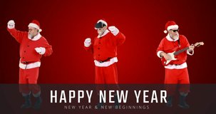 Digitally generated video of Santa clause doing various activities and Happy New Year Text 4k
