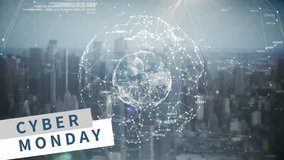Digitally generated of cyber Monday sign against connecting lines globe and digital screen 4k - Powered by Shutterstock - Get 15% off with code: PIKWIZARD15