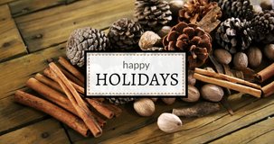 Digitally generated video of Happy Holidays text and various ingredients 4k