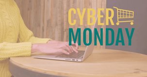 Digitally generated video of Cyber Monday text and woman using laptop 4k
