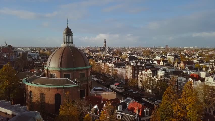 Amsterdam City Rooftop Aerial View Opening Scene, Fall Sunny Day