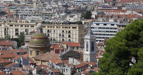 Aerial View of Nice City Skyline Sainte Reparate Cathedral and Building Rooftops