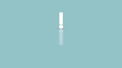 Exclamation mark symbol in minimalist white color jumping towards camera isolated on simple minimal pastel blue background