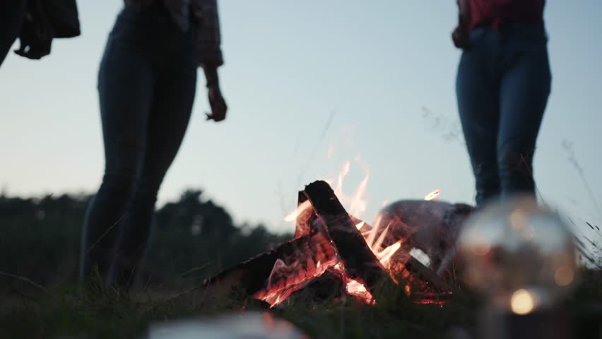 Close up view of burning campfire, young people with sausages on sticks sitting by it, frying the meat, sausages. Delicious, fast food, enjoying the camping. Nature lovers, having fun