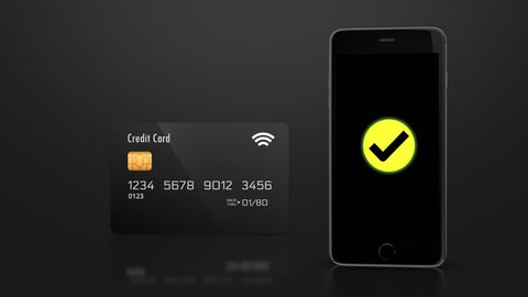 Smartphone verification from wireless payment with credit card animation - black BG