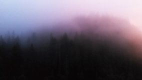 Layer of heavy mist hangs low over the Carpathian Mountains in the early morning. obscuring the forests below. Video 1080p