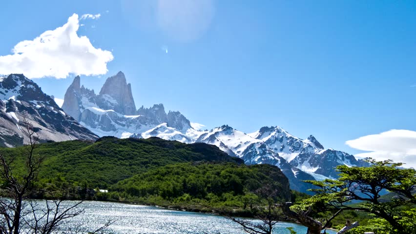 Time lapse of Fitz Roy mountain and Capri lagoon in El Chalten, Patagonia Argentina, South America