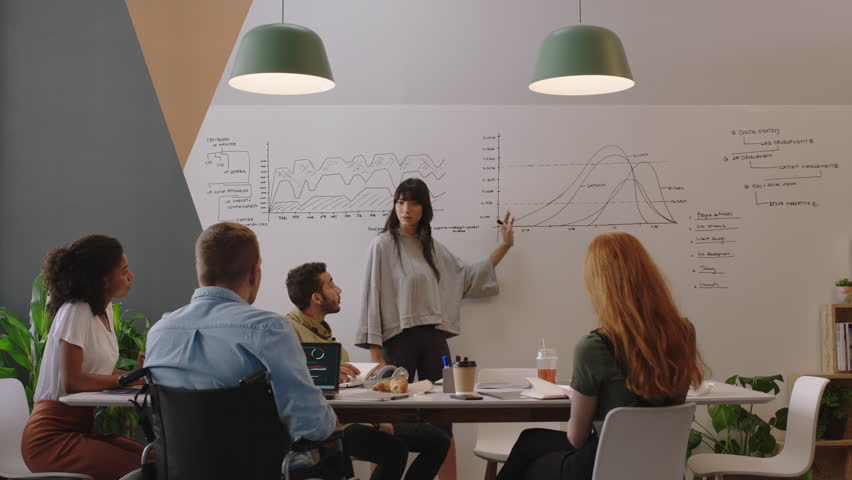 diverse business people meeting in boardroom brainstorming team leader woman presenting financial graph data showing colleagues presentation working together in disabled friendly office Royalty-Free Stock Footage #1018498531