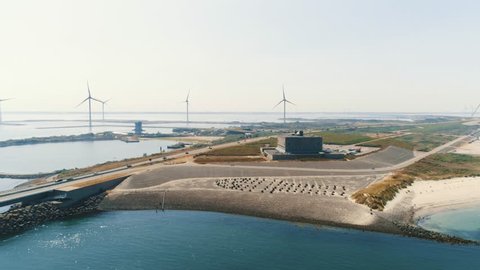 Aerial shot of The Eastern Scheldt storm surge barrier in Dutch Oosterscheldekering the largest of 13 ambitious Delta Works series of dams and storm surge barriers designed to protect Netherlands. 