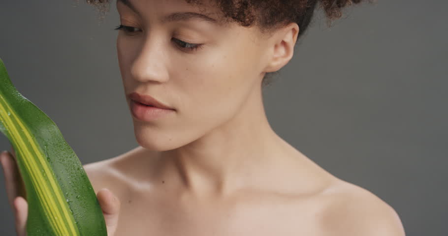 close up portrait attractive young woman touching leaf caressing smooth healthy skin complexion enjoying playful natural beauty on grey background skincare concept