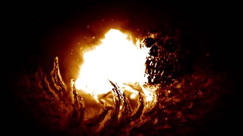 Bones in fire. Evil burning skull. 2D animation horror fantasy genre. Creepy animated backdrop movie. Spooky zombie apocalypse. Scary animated short film. Motion graphics for VJ loops and music clips.