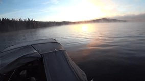 Sunrise on the boat, river landscape panorama, sunshine, water reflection, clear sky, russian nature. Full Hd video