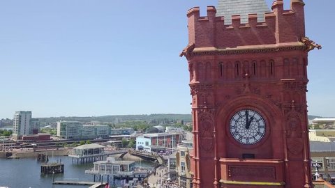 Wales, Cardiff, UK - June 22, 2018: Drone footage of Cardiff Bay, Wales